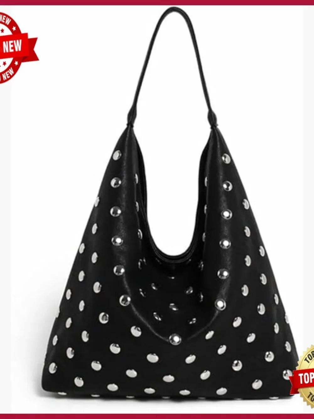 Large Vegan Leather Studded Hobo Bag with Faux Fur Lining